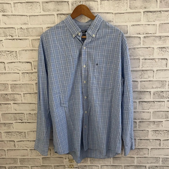 Men’s IZOD blue geometric pattern button down dress shirt Large - Picture 1 of 5